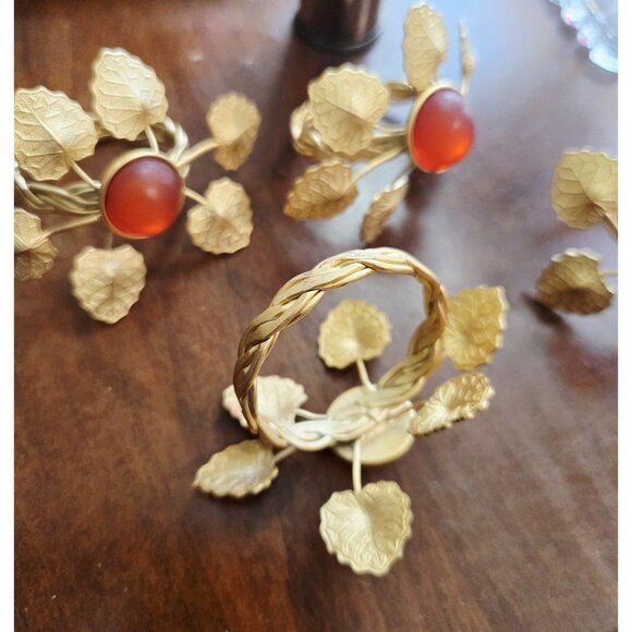 Gold Leaves & Amber Gemstone Napkin Rings Set of 4 - Picture 3 of 3